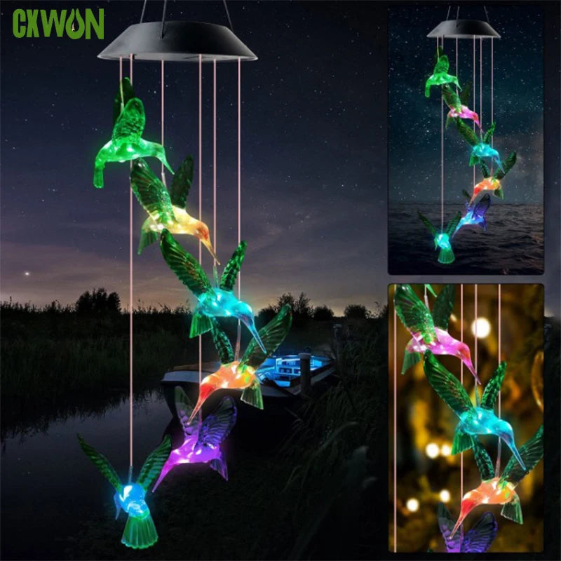 Mobile lumineux solaire oiseaux stylisés couleurs vives moderne extérieur LED changeantes