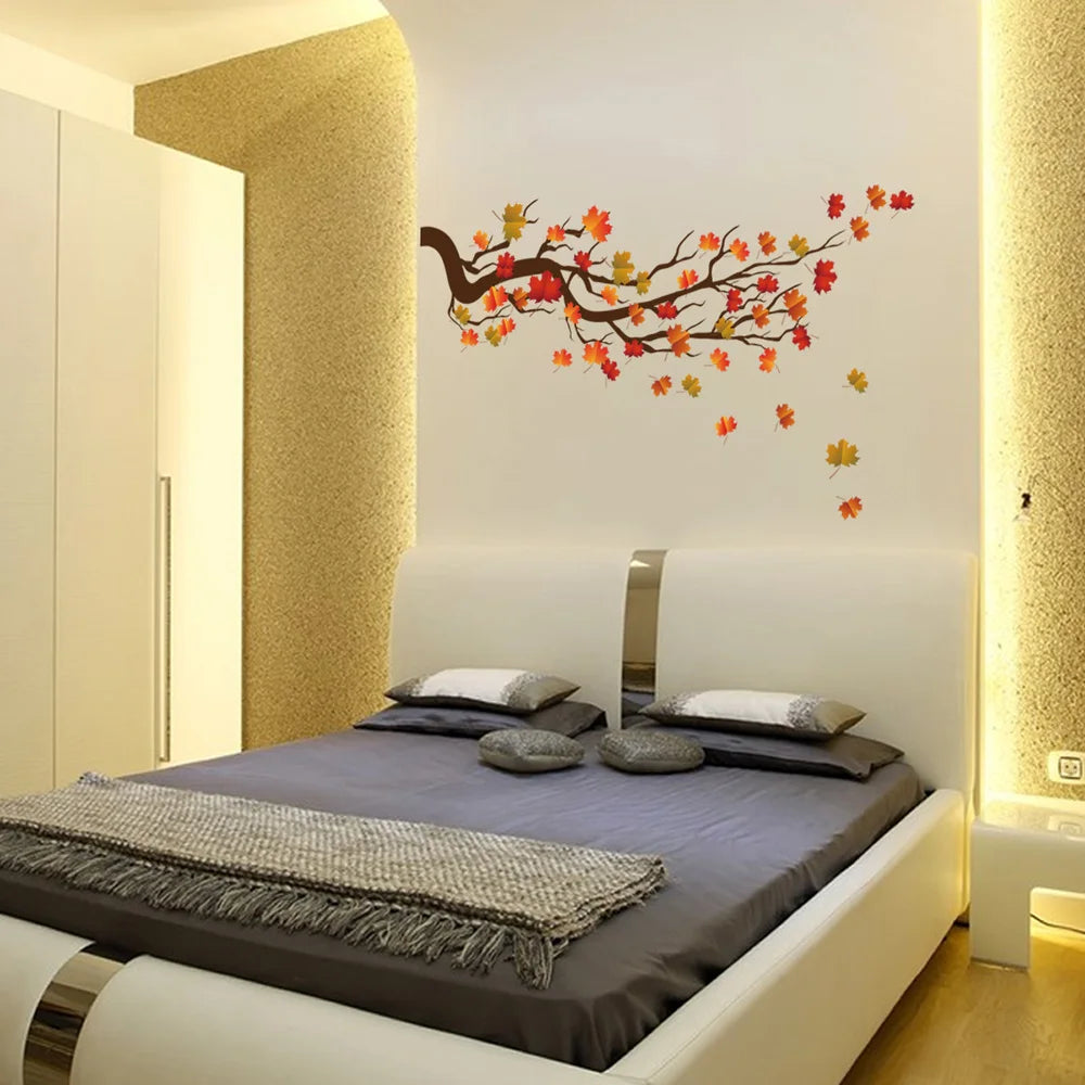 sticker mural feuilles d'érable automne rouge orange naturel adhésif intérieur 105cm 55cm moderne décoration