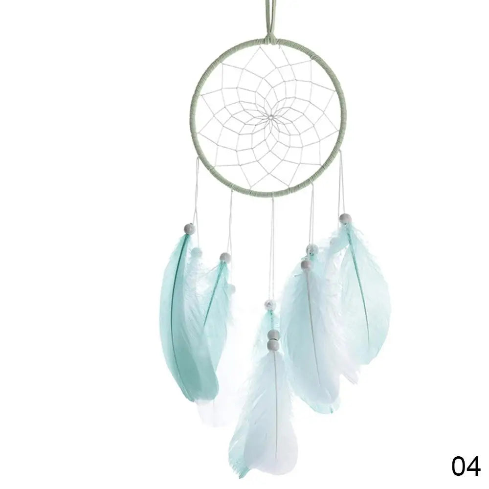 attrape rêves traditionnel plumes bois blanc rose violet bleuclair fil suspension