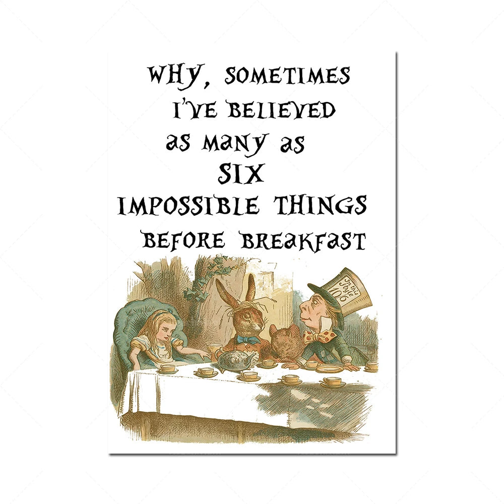 Cette image humoristique montre une scène de petit-déjeuner fantaisiste avec des personnages et des animaux fantastiques, accompagnée d'un texte qui fait référence à la croyance en des choses impossibles avant le petit-déjeuner.