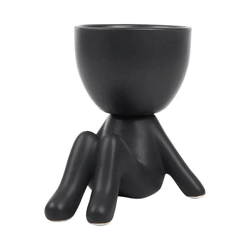 cache pot céramique blanc noir personnage assis contemporain plante succulente minimaliste ornement décoration artisanale