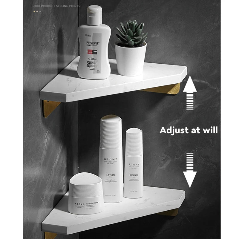 étagère d'angle murale blanche marbre moderne miroir doré cosmétiques rangement salle bain