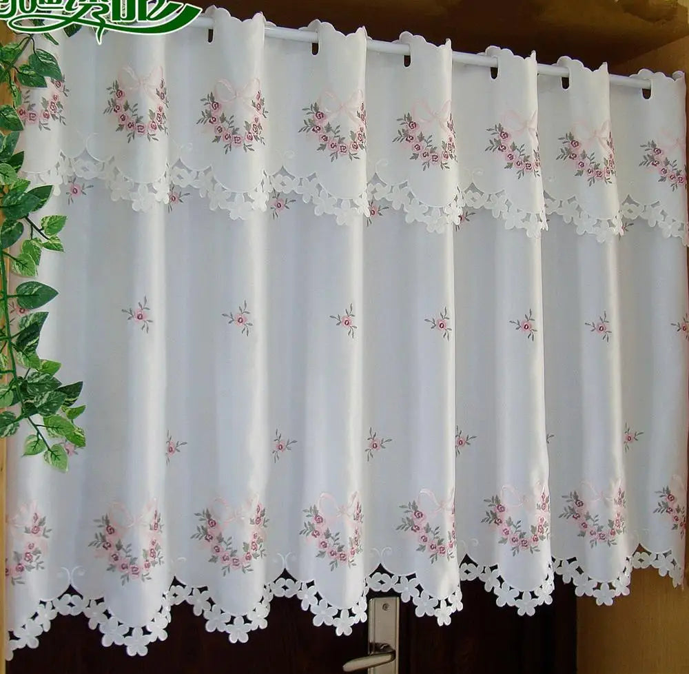 rideau semi transparent fleuri brodé blanc rose fenêtre chambre vintage 30cm 88cm