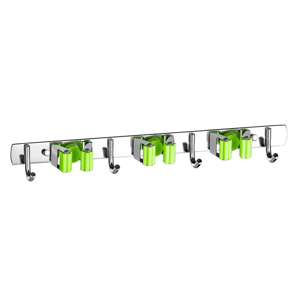 porte balais argenté vert clair adhésif mur moderne hooks rangement outils nettoyage