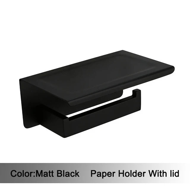 accessoires salle bain noir mat moderne porte serviettes rouleau papier savon