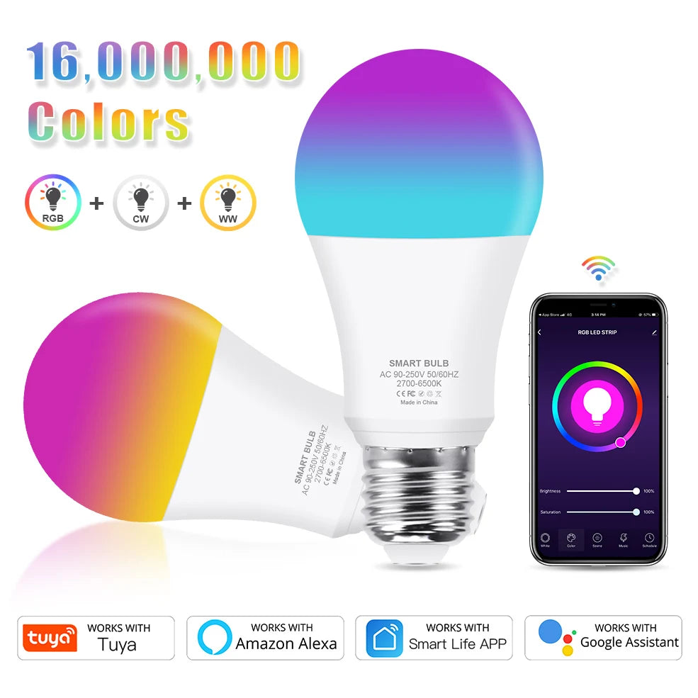 ampoule led intelligente e27 rgb blanc chaud application tuya smart life alexa google moderne