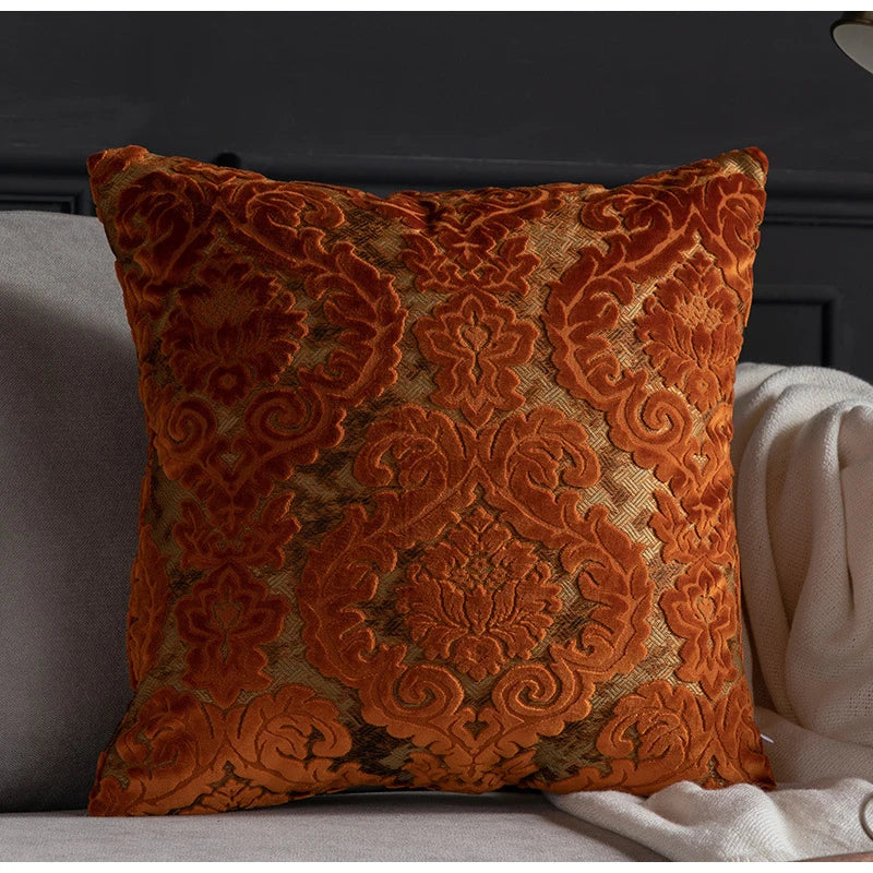 taies d'oreiller velours fleur motif floral damas relief élégantes classiques beige vert bleu marron