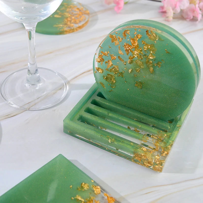 moule silicone résine époxy diy coaster support géométrique moderne élégant fleur paillettes dorées