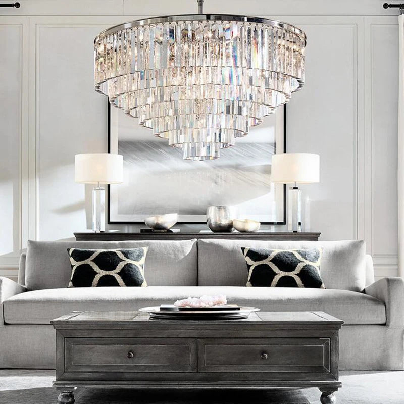 lustre cristal argenté moderne chaîne prismes transparents salon maison luxe