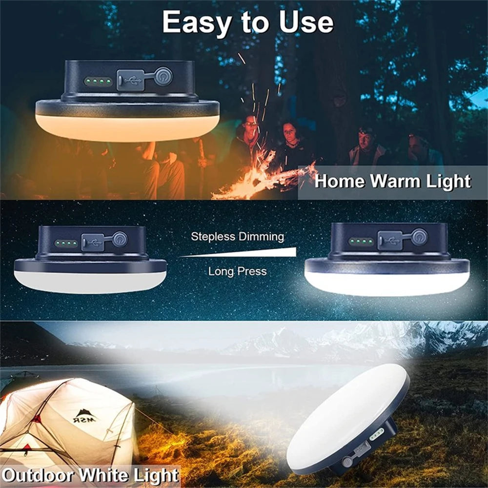 lampe camping rechargeable led bleu marron texture cuir moderne clips indicateur batterie