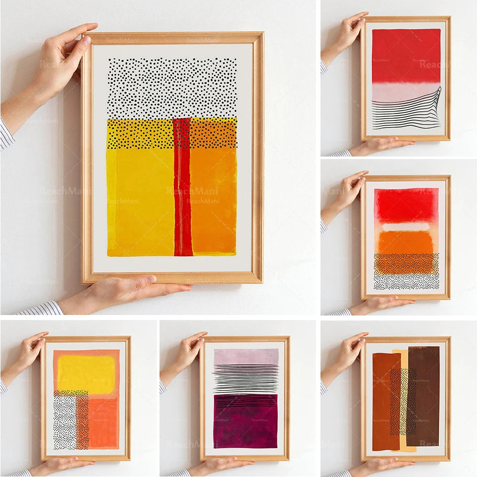 Collection d'œuvres abstraites dans des cadres en bois, mettant en scène des formes géométriques, des motifs points et des couleurs vives et contrastées.