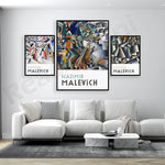 Ensemble de trois affiches d'art moderne mettant en valeur les œuvres cubistes de l'artiste russe Kazimir Malevitch.