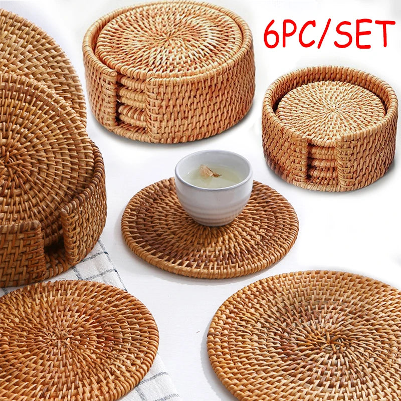 coasters tressés naturels traditionnels bois 8x8cm 10x10cm 13x13cm 16x16cm 18x18cm 20x20cm 6pcs