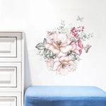 autocollant mural fleurs papillons romantique couleur rose blanc vert gris dimension 50cm 37cm résistant