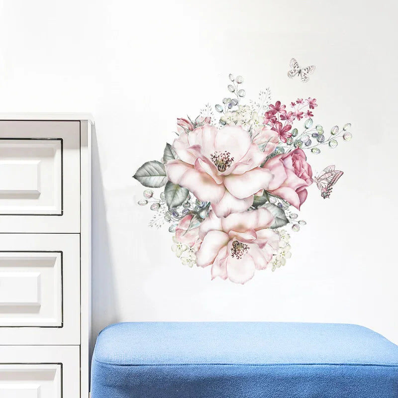 autocollant mural fleurs papillons romantique couleur rose blanc vert gris dimension 50cm 37cm résistant