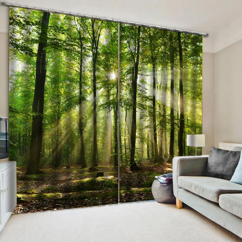 Rideaux imprimés forêt, décoration intérieure zen, lumière naturelle, ambiance apaisante, rideaux design pour chambre ou salon, escapade nature à domicile, impression haute qualité, ajout de profondeur visuelle, accessoire décoratif tendance.