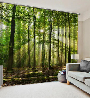 Rideaux imprimés forêt, décoration intérieure zen, lumière naturelle, ambiance apaisante, rideaux design pour chambre ou salon, escapade nature à domicile, impression haute qualité, ajout de profondeur visuelle, accessoire décoratif tendance.