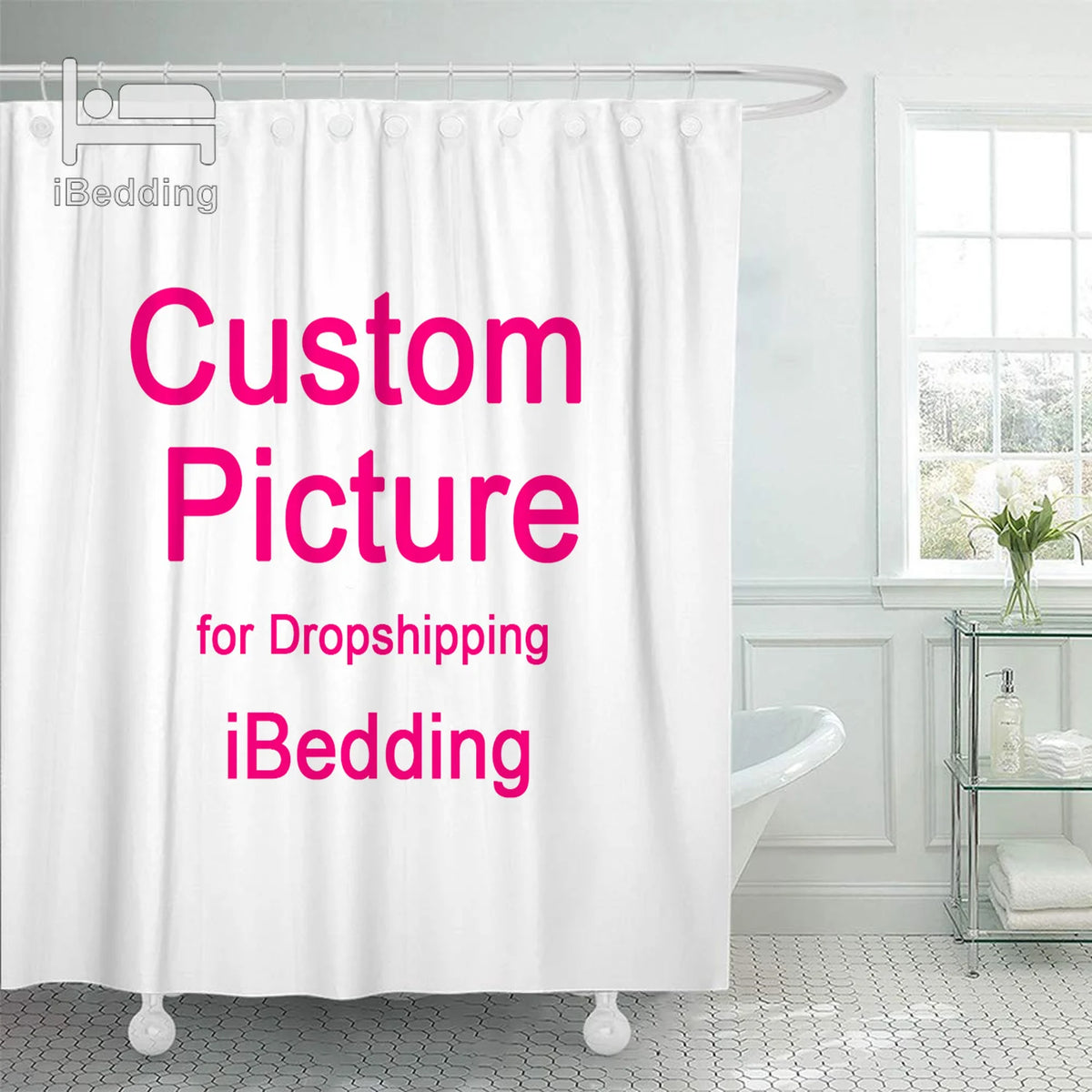 rideau douche moderne polyester blanc rayures verticales anneaux imperméable respectueux l'environnement