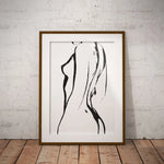 Représentation abstraite minimaliste en noir et blanc, composée de lignes et de formes expressives sur un fond blanc.