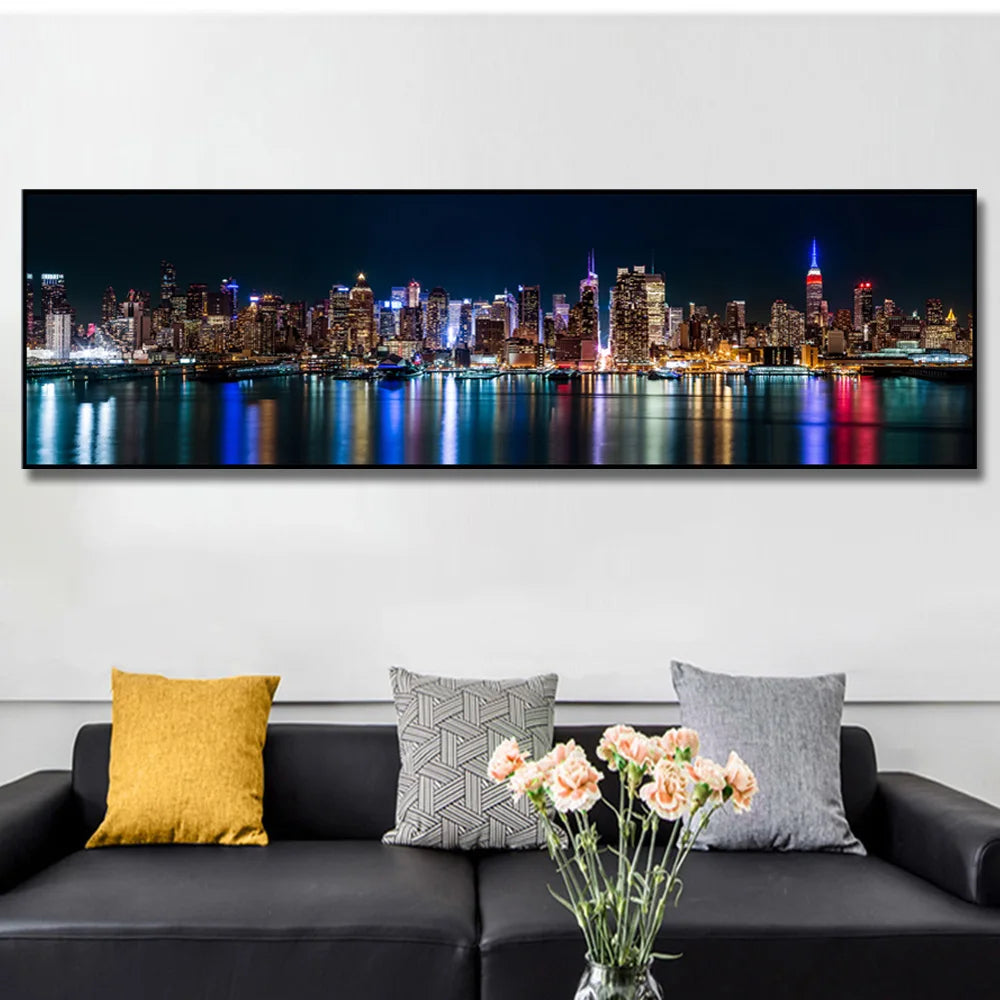 tableau panoramique toile paysage urbain nuit ville moderne décoration murale salon intérieur