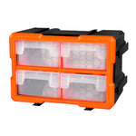 Boîte de rangement outils en plastique rouge avec vis et boulons à l'intérieur