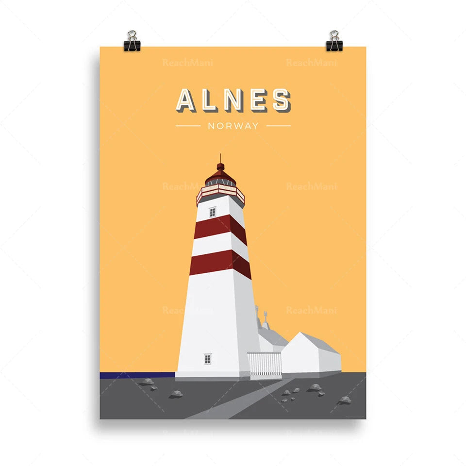 Un phare emblématique de la ville d'Alnes en Norvège se dresse fièrement sur fond d'un ciel orange vif, dans un style d'illustration minimaliste et coloré.