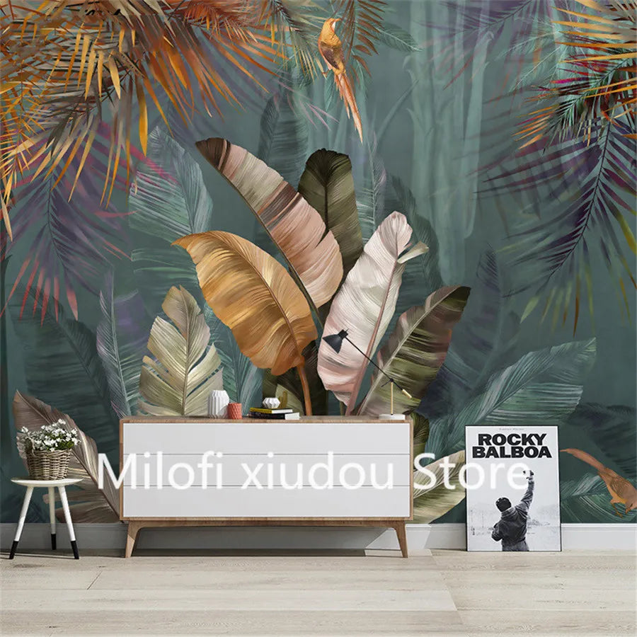 papier peint mur feuilles palmier moderne tropical oiseau résistant humidité anti moisissure respectueux environnement
