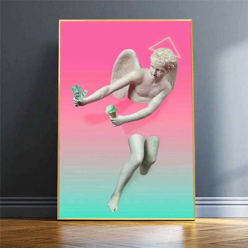toile d'art moderne ange rose bleu blanc statue géométrique pop art