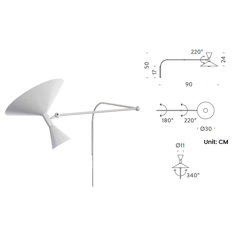 lampe murale bras articulé mid century gris blanc noir