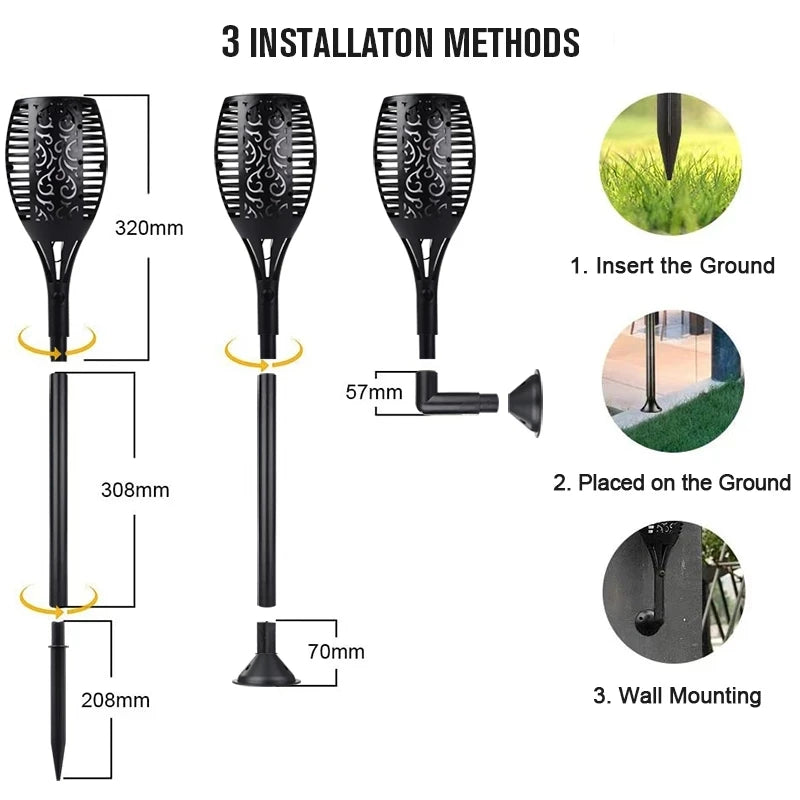 lampe torche solaire 96 led motif feuille moderne noire posée sol mur étancheextérieur