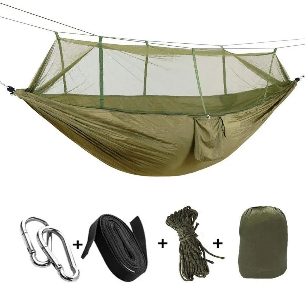 hamac vert olive pratique moustiquaire cordelettes carabiners sac rangementextérieur léger camping
