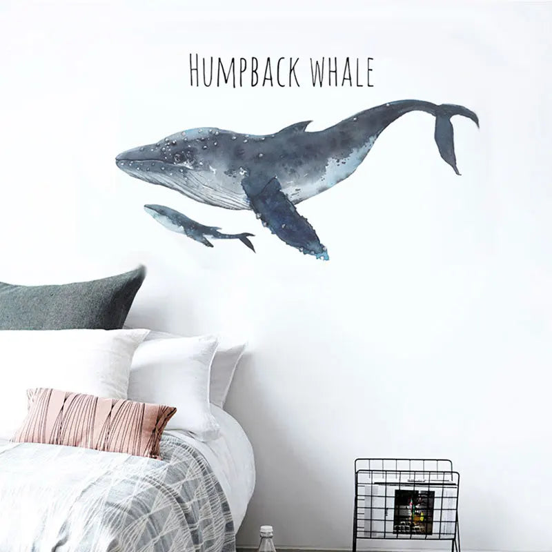 autocollant mural baleine humpback illustration bleu gris blanc adhésif maison salon chambre enfant moderne