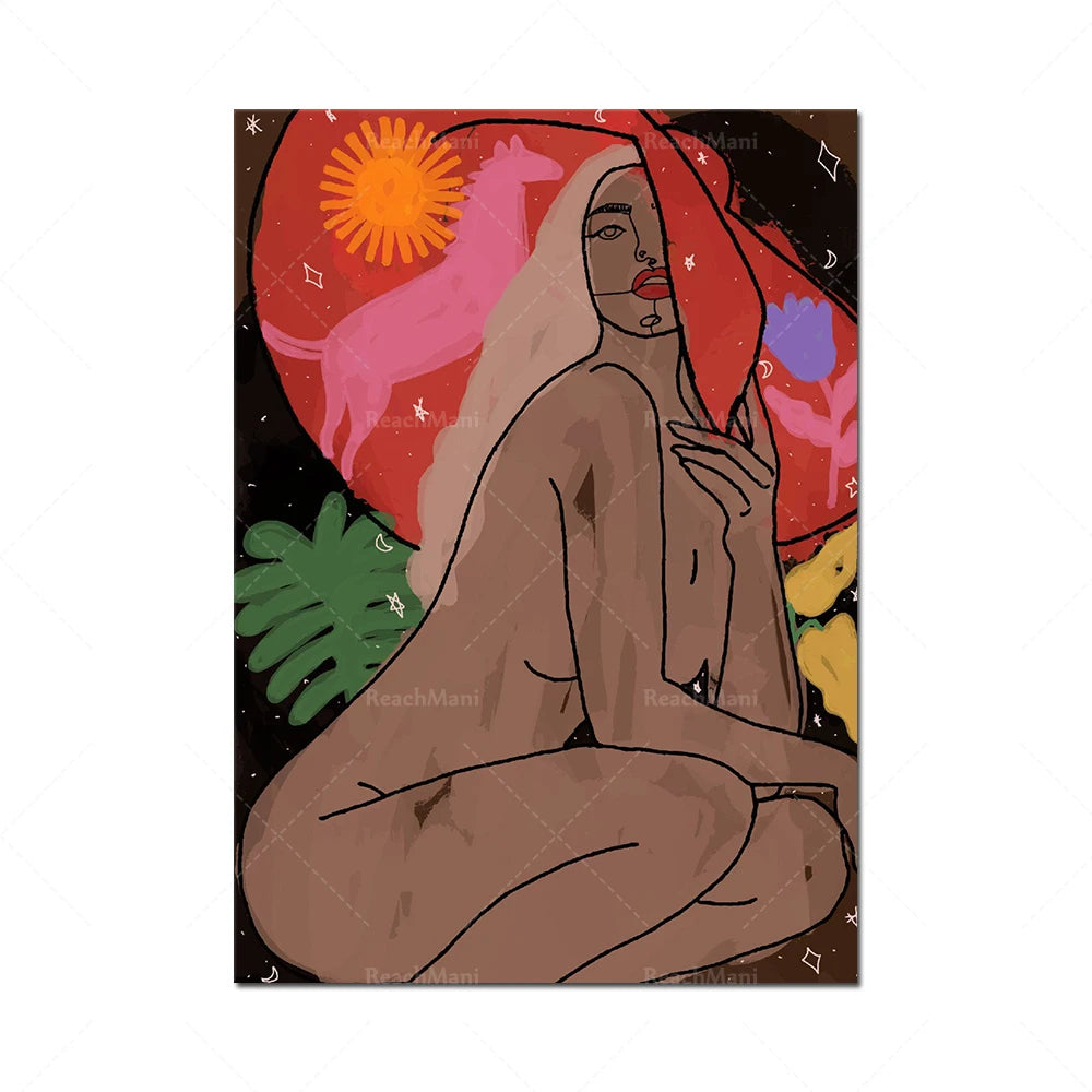 Une femme assise dans une atmosphère colorée et imaginative, entourée de formes abstraites et de symboles.