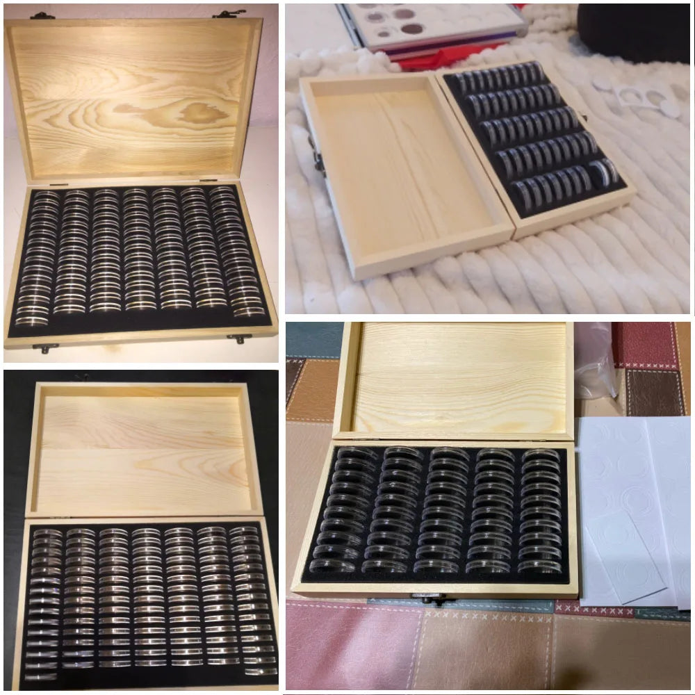 boîte monnaies bois naturel classique support réglable 100 pièces adhésif