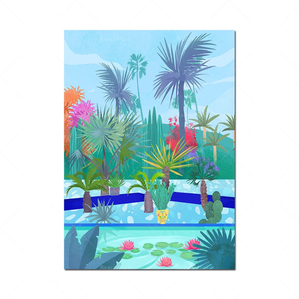 Une luxuriante oasis avec des palmiers gracieux, des plantes tropicales colorées et une piscine étincelante, reflétant un ciel bleu serein.