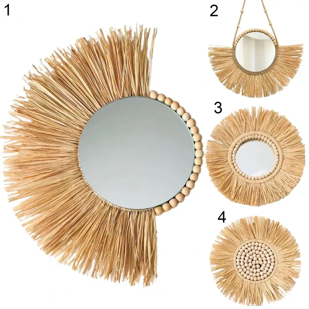 Miroir suspendu en rotin et acrylique de couleur blanche, parfait pour salon et hôtel