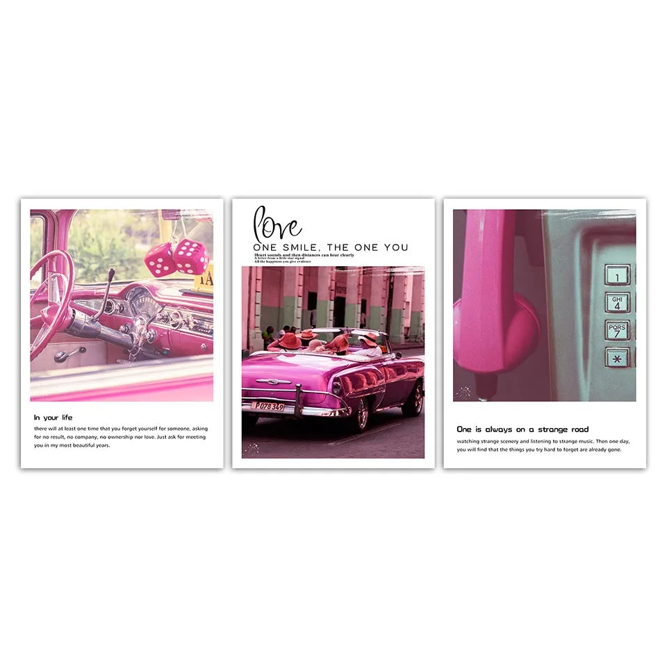 Cette image produit présente une collection de trois images aux tons rose vif, évoquant l'amour, le bonheur et la vie passionnée. Les éléments visuels incluent une voiture vintage rose, une citation sur l'amour et l'individualité, ainsi qu'un détail d'un réfrigérateur rose.