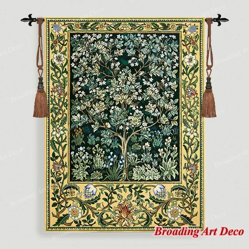 tapisserie murale coton art nouveau floral arbres feuillage oiseau bleu foncé vert beige