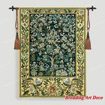 tapisserie murale coton art nouveau floral arbres feuillage oiseau bleu foncé vert beige