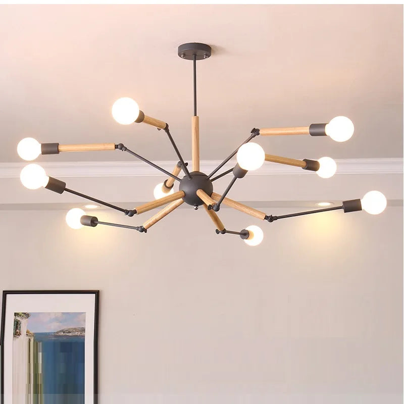 suspension lumineuse moderne araignée industrielle bois métal noir blanc ampoules E27 led scandinave