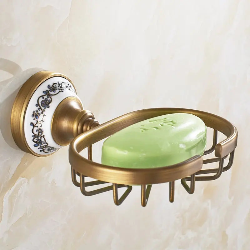 accessoires salle bain or motif floral classique porte serviettes brosse toilette porte sèche cheveux