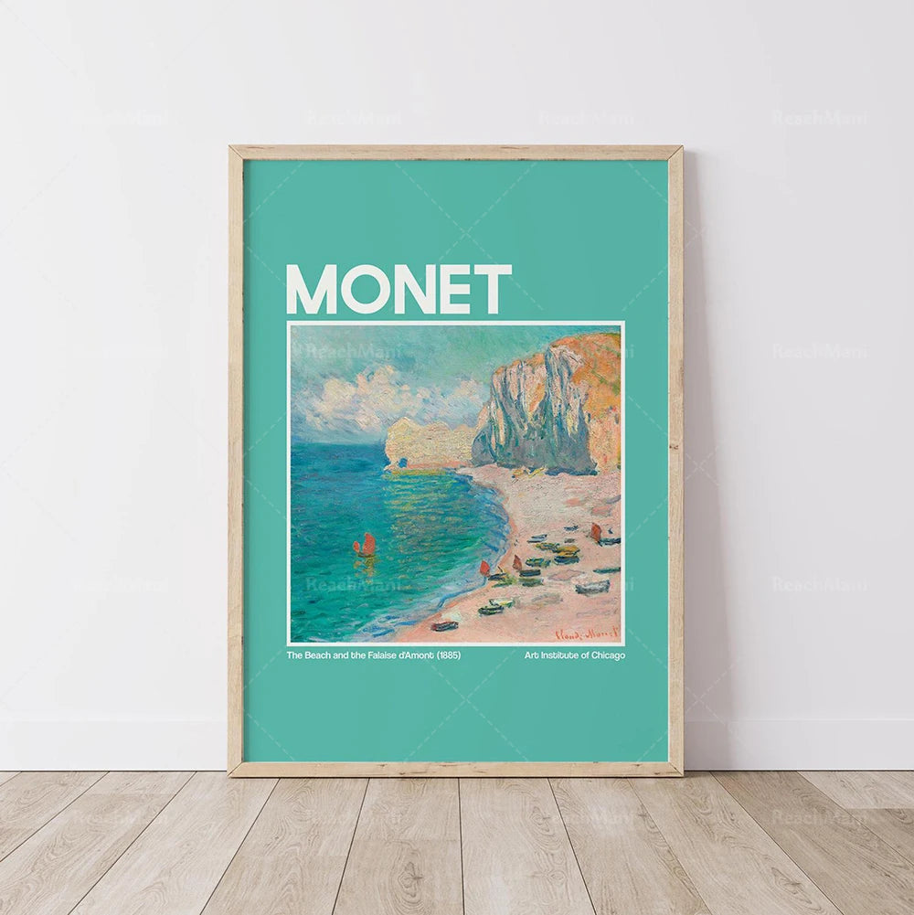 Une affiche d'exposition mettant en valeur la toile de Monet intitulée "La Plage et la Falaise d'Amont" (1886), présentée par l'Art Institute of Chicago.