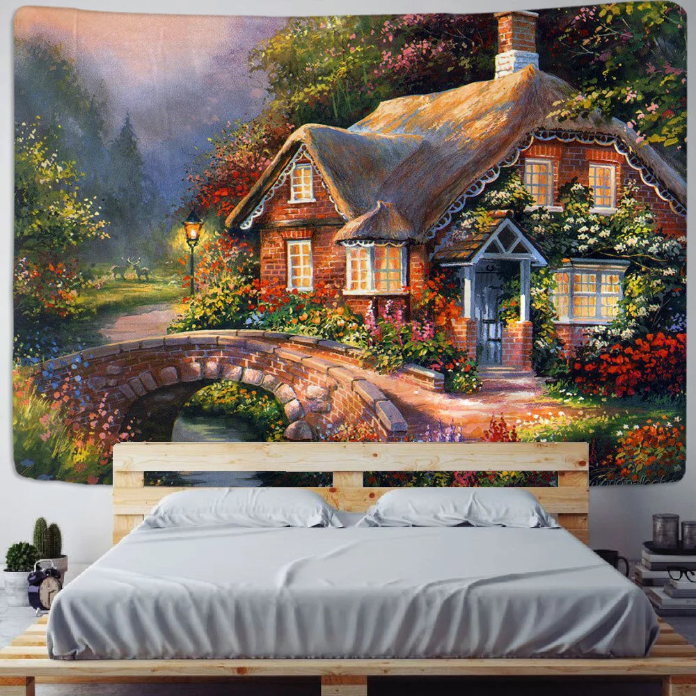 tapisserie murale imprimée paysage rural multicolore conte fées forêt décoration maison simple rectangle
