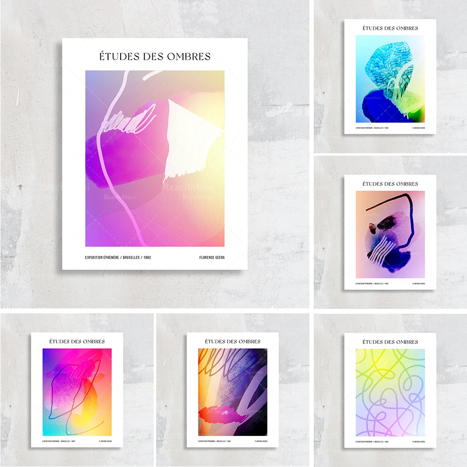Cette image présente une collection d'affiches artistiques intitulée "Études des ombres", mettant en valeur des formes abstraites et des jeux de couleurs vibrantes.