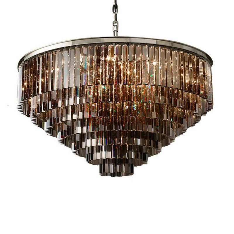 lustre cristal argenté moderne chaîne prismes transparents salon maison luxe
