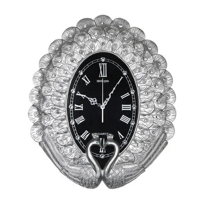 horloge murale art déco plumes paon strass solaire résine noir argenté unique