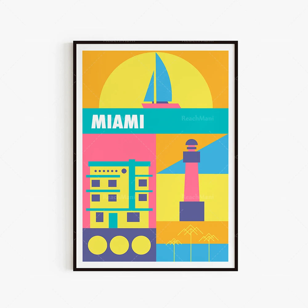 Une affiche vibrant de couleurs, mettant en scène des éléments iconiques de Miami tels qu'un voilier, un phare et des immeubles colorés, créant une atmosphère estivale et ludique.