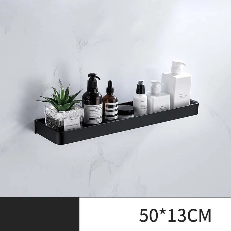 étagère salle bain double niveau murale alliage aluminium noir lisse moderne serviettes pots crèmes
