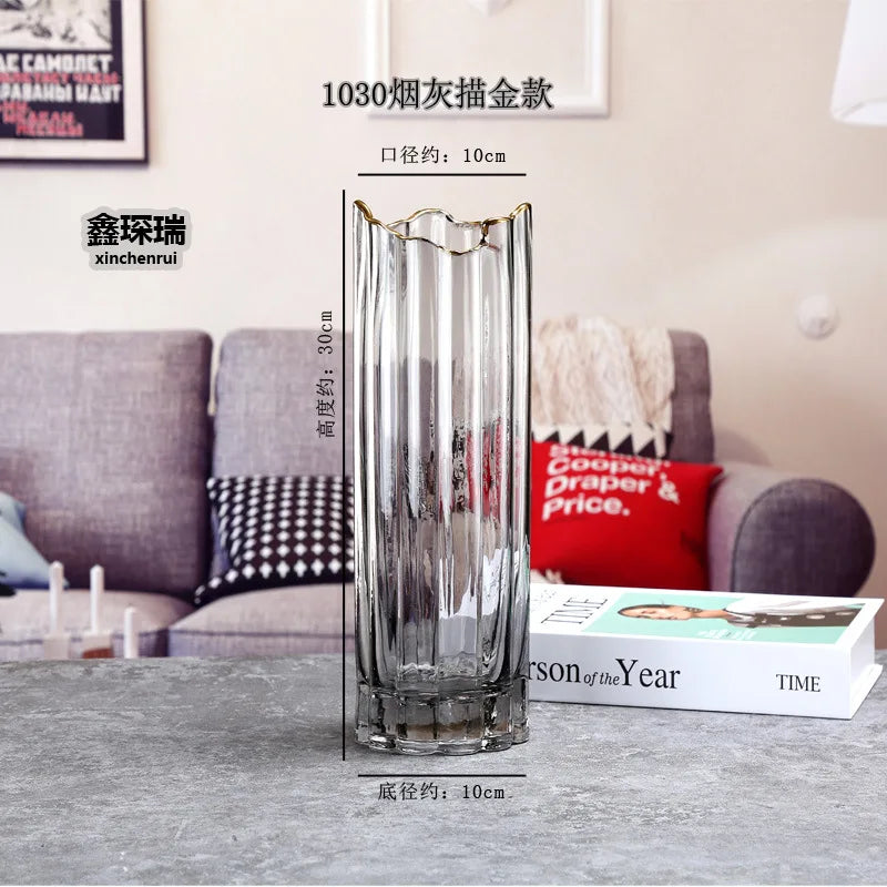 vase verre transparent moderne rayures horizontales couleurs vert gris rose rouge dorés fleurs artificielles