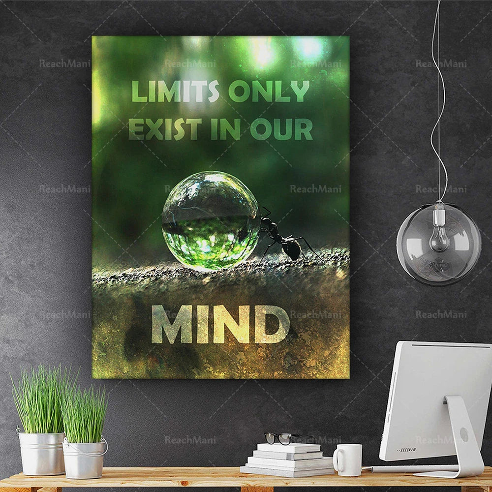 Affiche murale montrant une sphère en verre réfléchissante sur un fond vert avec le texte "Limits only exist in our mind".